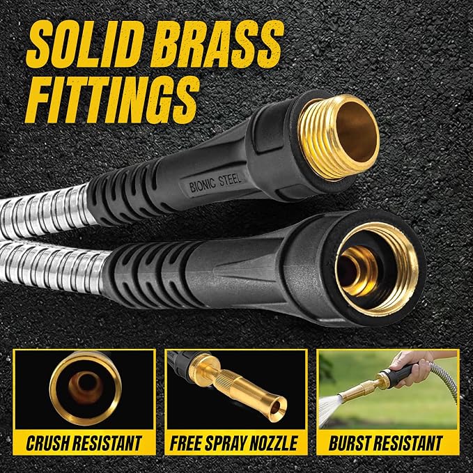 Bionic Steel PRO 50 Ft Metal Garden Hose with Brass Nozzle | Water Hose Made from Heavy Duty 304 Stainless Steel, Flexible, Lightweight, Brass Fittings, Non Kinking, 500 PSI