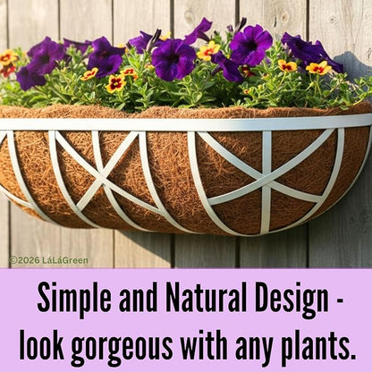 LaLaGreen 30 Inch, 2 Pack White Metal Window Planters-Wall Mount Flower Pots for Outdoor with Coco Coir Liner, Attach to House Flower Boxes Hanging Walls Plant Holders for Fence Balcony Porch, Patio