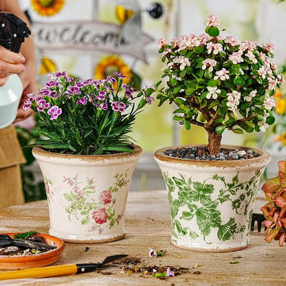 Sungmor Set of 2 Vintage Ceramic Flower Pots with Drainage Hole - Rustic Farmhouse Planters with Crackle Glaze & Floral Prints - Indoor Outdoor Decorative Plant Pots for Succulents, Herbs, Flowers