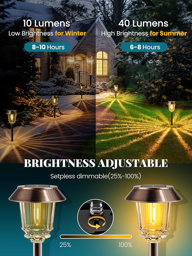Solar Lights Outdoor Waterproof,6 Pack Bronze Pathway Lights with 10-40 LM Dimmable Glass and Metal, Solar Powered Garden Fall Decor for Yard,Patio,Pathway,Driveway(Warm White)