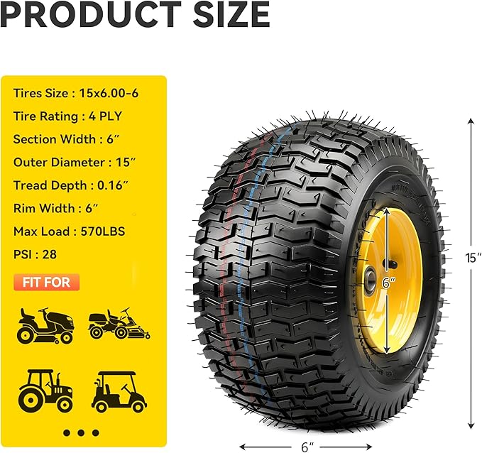 YITAMOTOR 15x6.00-6 Flat Free Lawn Mower Tires & Wheel Assemblies, 4 Ply Pneumatic Front Tires Replacement Fits John Deere, Lawn Tractors, More Riding Mowers | 3" Offset Hub, 3/4" Bearings (2 Pack)