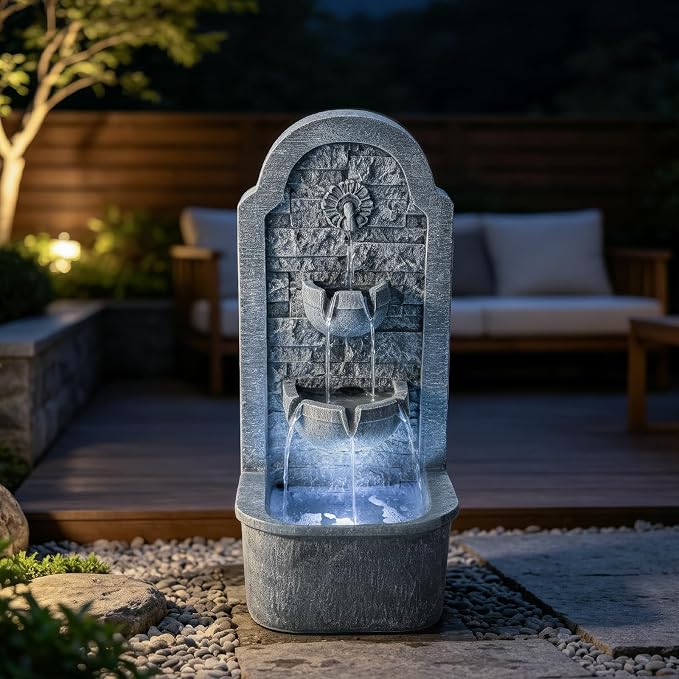 30.3" H Floor Standing Indoor Waterfall Fountain with LED Lights, Outdoor Water Fountain, Water Feature for Patio, Garden, Backyard, Porch, Home Decor