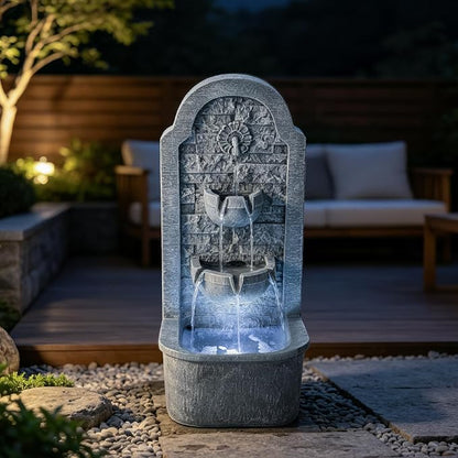 30.3" H Floor Standing Indoor Waterfall Fountain with LED Lights, Outdoor Water Fountain, Water Feature for Patio, Garden, Backyard, Porch, Home Decor