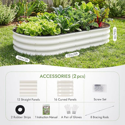 INNO STAGE 2Pcs Galvanized Raised Garden Bed, 6x3x1FT Oval Metal Raised Garden Beds for Vegetables, Rust-Resistant & Easy Assembly, Outdoor Planter Box for Gardening, Flowers, Herbs (White)
