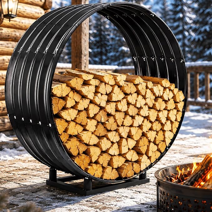 24" Firewood Rack with Roof Cover, Indoor & Outdoor Log Holder Keeps Firewood Dry, Clean & Organized for Fireplace, Patio & Backyard, Heavy-Duty Steel Wood Storage Rack, 400LBS Capacity