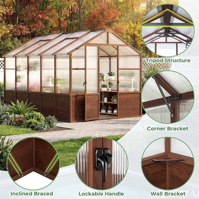 Jocoevol 8x10ft Outdoor Greenhouse, Wooden Frame Polycarbonate Greenhouse with Adjustable Roof Vents and Lockable Door Handle, Walk-in Greenhouse Perfect for Backyard and Garden