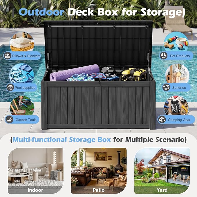 Outdoor Storage Box, 150 Gallon Resin Deck Boxes Outdoor Waterproof For Patio Furniture, Garden Tools, Pool Supplies, Lockable And UV Resistant (Striped Black)