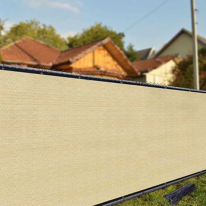iCover 4x25ft Privacy Screen Fence, Outdoor Fencing Panels, Garden Windscreen Mesh Shade Sail Net Barrier, Fence Privacy Screen Reinforced Bindings and Brass Grommets Cable Zip Ties, Sand