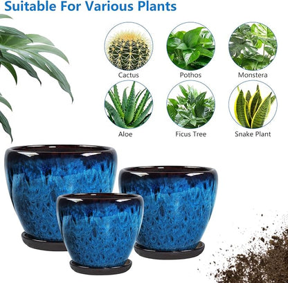 Ceramic Plant Pots with Saucer, 6 inch Glaze Planters for Indoor Plants with Drainage Holes, Decorative Small Flower Pots Outdoor, Modern Succulent Pots for Home Room Decor