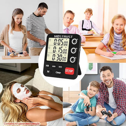 Digital Dual Kitchen Timer, 3 Channels Triple Countdown Timer for Cooking, Magnetic Memory-Preset Large Display Adjustable Volume, Multi Time Management, 3A Battery Included, Black