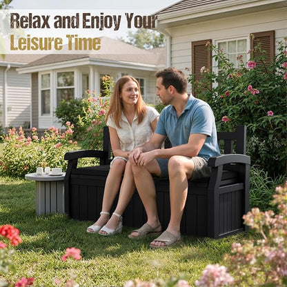 80-Gallon Outdoor Storage Bench with Cushion, Lockable Waterproof Deck Box with Armrests for Patio, Garden, Pool, Black