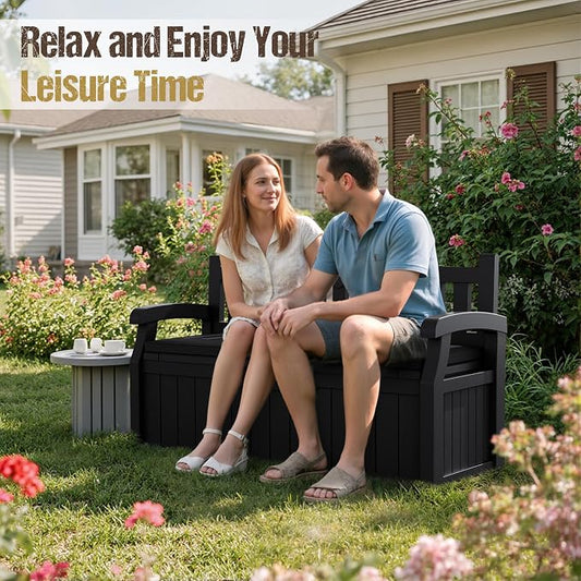 80-Gallon Outdoor Storage Bench with Cushion, Lockable Waterproof Deck Box with Armrests for Patio, Garden, Pool, Black