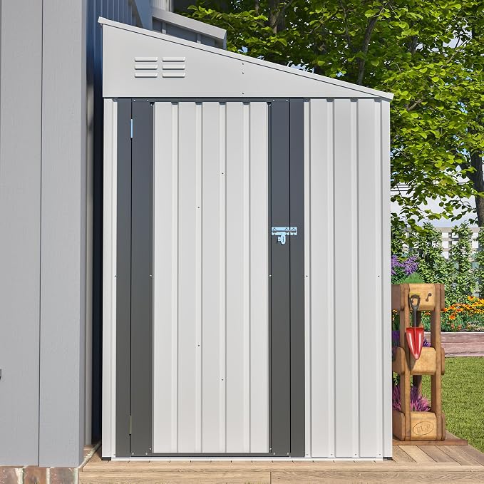 YOPTO 4×7 FT Outdoor Metal Storage Shed,Heavy-Duty Lean to Storage Shed with Lockable Door and Reinforced Beams,All Weather Waterproof Storage House W/2 Air Vents,for Backyard,Patio,Lawn,White