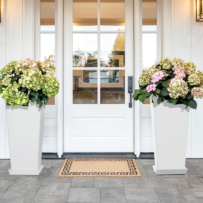TUYOHW Set of 2 Tall Planters, 24" Large Indoor Outdoor Flower Pots with Tray, Modern Tapered Planters for Porch, Patio, Garden, Backyard(White)