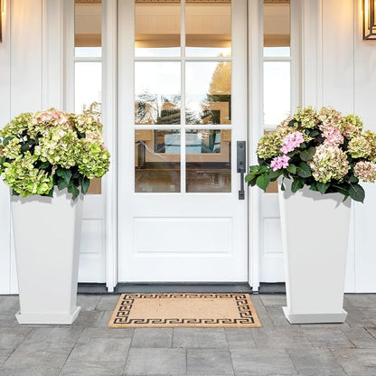 TUYOHW Set of 2 Tall Planters, 24" Large Indoor Outdoor Flower Pots with Tray, Modern Tapered Planters for Porch, Patio, Garden, Backyard(White)
