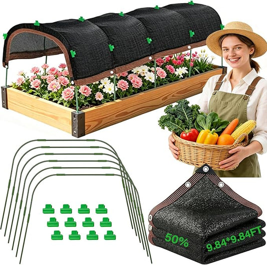 Garden Shade Cloth Kit 10x10FT, 50% Sunblock Garden Shade for Plants with 6 Sets Garden Hoops & Clips, UV Resistant Raised Bed Shade Cover for Outdoor Plants, Vegetables & Greenhouse