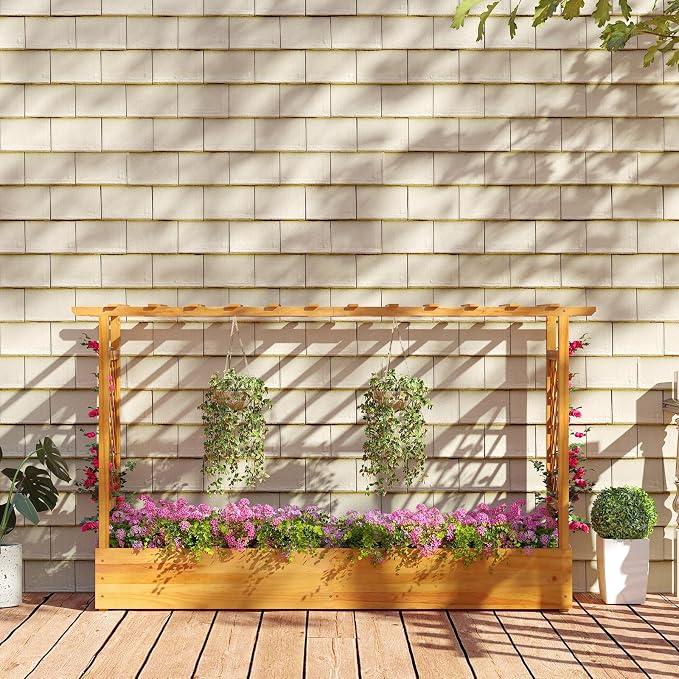 S AFSTAR 2 Pieces Wooden Raised Garden Bed with Trellis, 45" Elevated Planter Box with Hanging Roof & Open-Ended Base for Climbing Vine Flower Herb Vegetable, Outdoor Plant Container for Patio & Yard