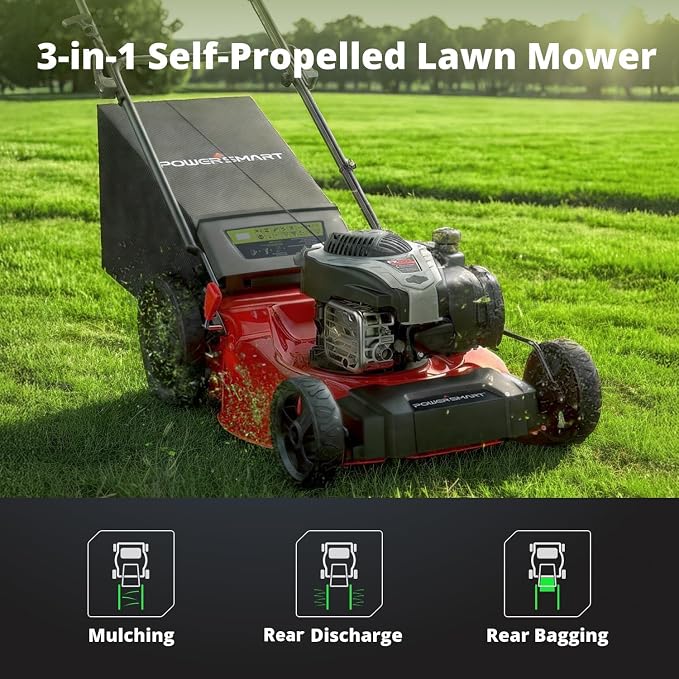 PowerSmart 21-Inch Self-Propelled Lawn Mower - 140cc B&S Engine, 3-in-1 Mulching, 6 Cutting Heights, Heavy-Duty Steel Deck