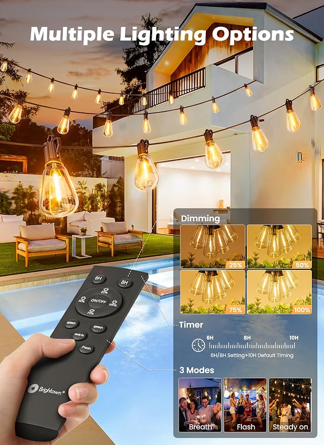 Brightown 78FT Solar String Lights Outdoor Waterproof with Remote, 35+1 LED Shatterproof Bulbs, Dimmable & Timable, 3 Light Modes - Commercial Grade Patio Lights for Garden Backyard Party Decor