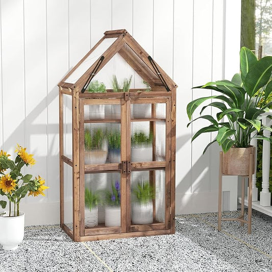 Happygrill Cold Frame, Mini Wooden Green House w/Transparent Openable Roof, Raised Flower Planter Shelf w/3 Adjustable Shelves & Polycarbonate Panels, Small Wood Greenhouse Cabinet for Indoor Outdoors