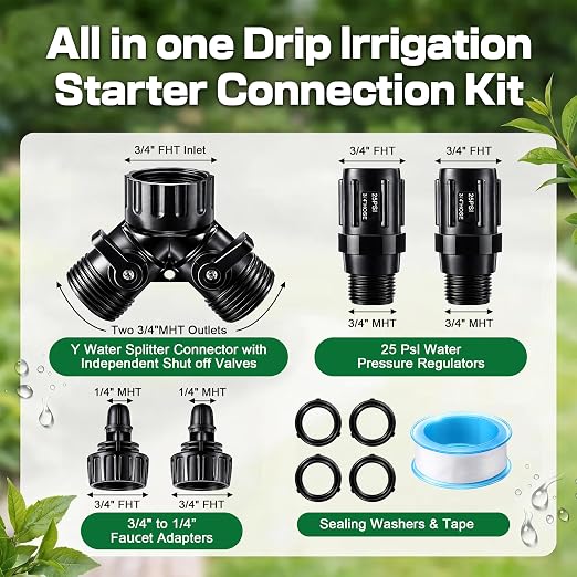 6 Pcs Drip Irrigation Kit, Included 2 Way Y Water Splitter Connector, 2 Pcs 25 PSI Garden Hose Pressure Regulator and 2 Pc 1/4 Inch Irrigation Tubing Hose Adapter for Drip Irrigate System