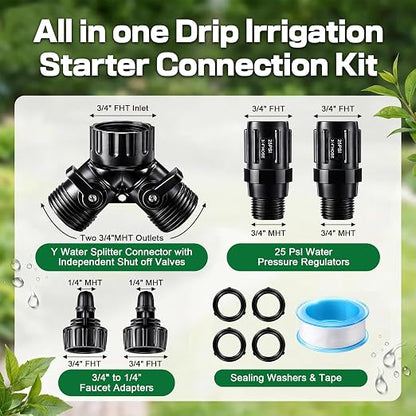 6 Pcs Drip Irrigation Kit, Included 2 Way Y Water Splitter Connector, 2 Pcs 25 PSI Garden Hose Pressure Regulator and 2 Pc 1/4 Inch Irrigation Tubing Hose Adapter for Drip Irrigate System