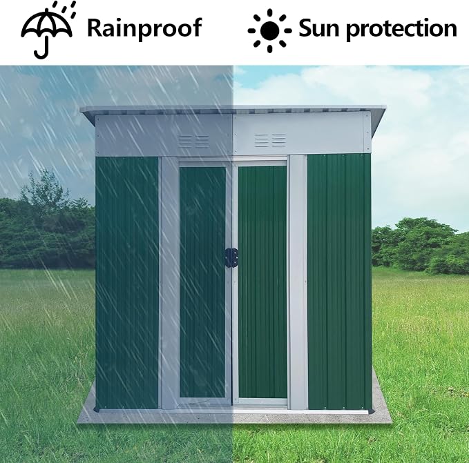 YOPTO 5X3 FT Outdoor Storage Sheds,Metal Small Mini Sheds with Pent Roof and Sliding Door, Garden Tool House W/Lockable Door & Vents,Waterproof Kit for Backyard Lawn Barbeque Bike,Green