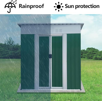 YOPTO 5X3 FT Outdoor Storage Sheds,Metal Small Mini Sheds with Pent Roof and Sliding Door, Garden Tool House W/Lockable Door & Vents,Waterproof Kit for Backyard Lawn Barbeque Bike,Green