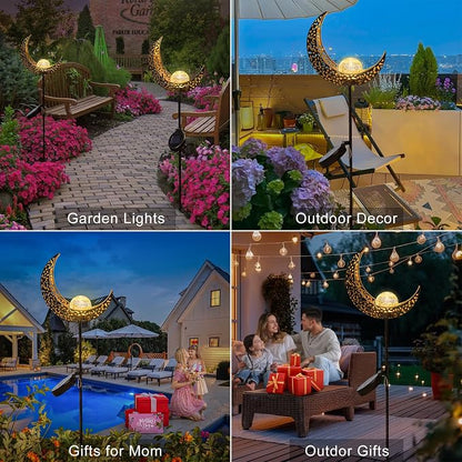 2Pack Moon Garden Gifts Solar Lights Outdoor Stakes Waterproof, Gifts for Mom, Crackle Glass Backyard Decor Balcony Lawn Ornaments, for Women Men Grandma (Bronze)