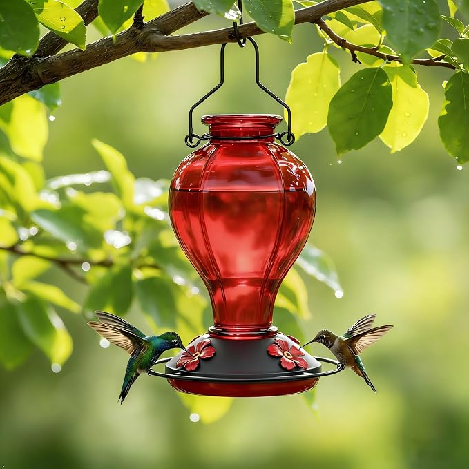 Glass Hummingbird Feeders for Outdoors Hanging, 24oz Wild Bird Nectar Feeder with Ant Moat and 360° Perch, Bee-Resistant Ports,Outside Garden Decor,Colorful Gifts for Women Mom, 1 Pack, Red