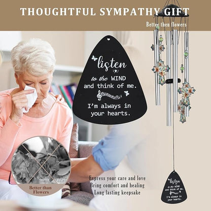 YU FENG Cross Memorial Wind Chime, Lily Flower Crystal Suncatcher | 34 Inch Outdoor Metal Chime, Religious Sympathy Gift, Remembrance Decor For Loss Of Loved One, Garden Patio Hanging