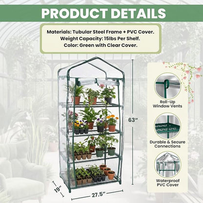 4 Tier Mini Greenhouse - Portable Greenhouse with Rust-Resistant Frame and PVC Cover for Indoor/Outdoor - 27.5x19x63-Inch Green House by Pure Garden