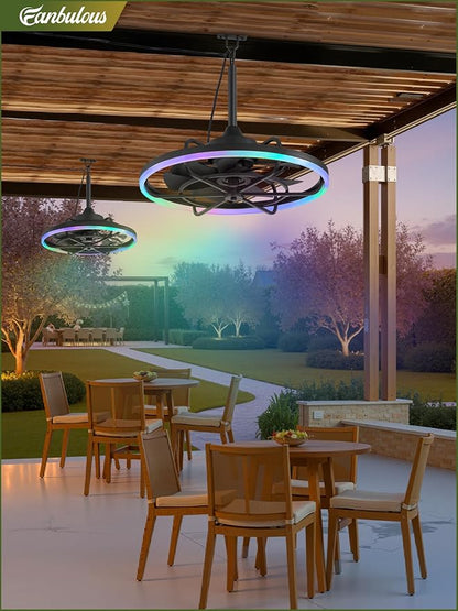 Fanbulous Outdoor RGB Ceiling Fans with Light for Patios, 24" Waterproof Plug in Ceiling Fan, Gazebo Fan Remote&APP Control, 3CCT Dimmable,Caged Ceiling Fan with Hanging Hook for Porch, Pergola
