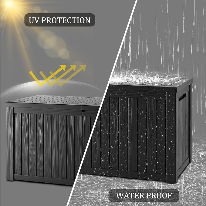 Outdoor Storage Box, 180 Gallon Waterproof Deck Box, Piston-Lift Tall Standing Cabinet for Oversized Cushions, Lockable Deep Tool Organizer Storage Bench, Large Lawn, Black