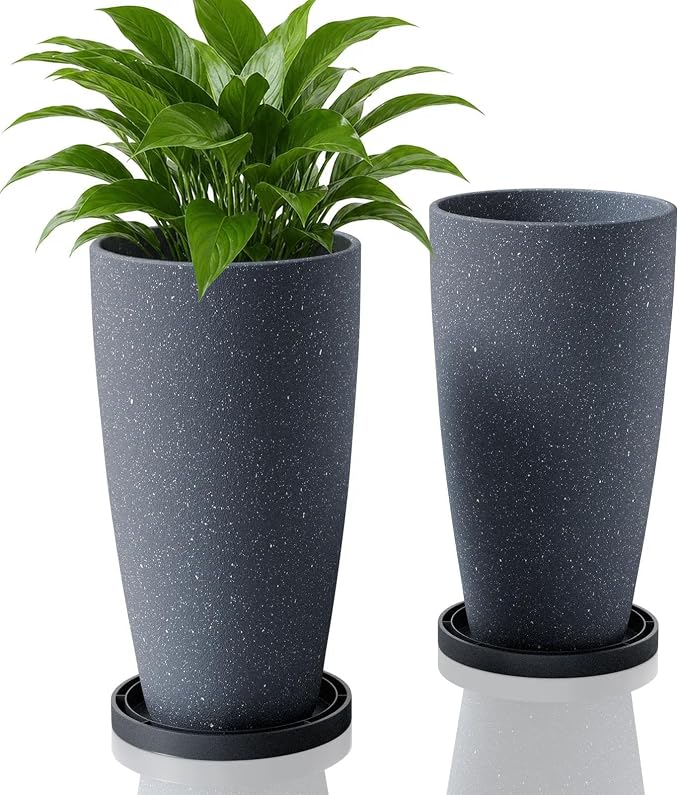 ZMTECH 2-Pack Large Tall Planters with Saucer - 6.8 Gallons /12x21 Inch Faux Stone Finish Round Flower Pots for Indoor Plants, Outdoor Patio & Porch Decor, Unbreakable Plant Containers (Dark Gray)