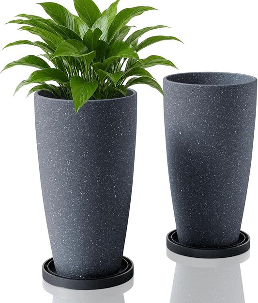 ZMTECH 2-Pack Large Tall Planters with Saucer - 6.8 Gallons /12x21 Inch Faux Stone Finish Round Flower Pots for Indoor Plants, Outdoor Patio & Porch Decor, Unbreakable Plant Containers (Dark Gray)
