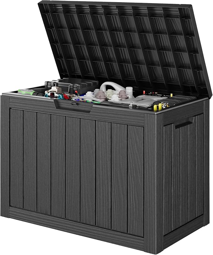 Outdoor Storage Box, 45 Gallon Deck Box with Lockable Lid, Waterproof Resin Storage Bin for Cushions, Garden Tools, Patio Furniture, Black