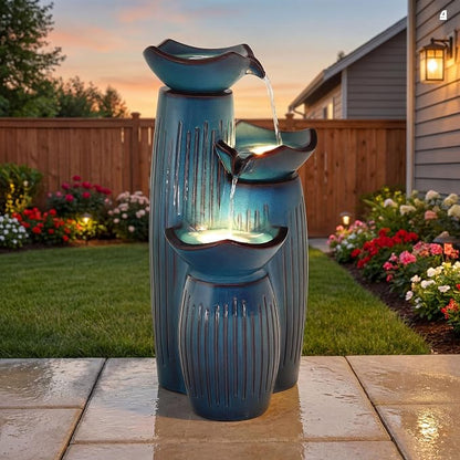 Autodaya 30" 3-Tier Cascading Ceramic Outdoor Water Fountain with LED Light | Pedestal Lotus Bowls Water Feature, Soothing Waterfall for Tranquil Garden, Patio, Yard, Turquoise Vertical Striped Texture