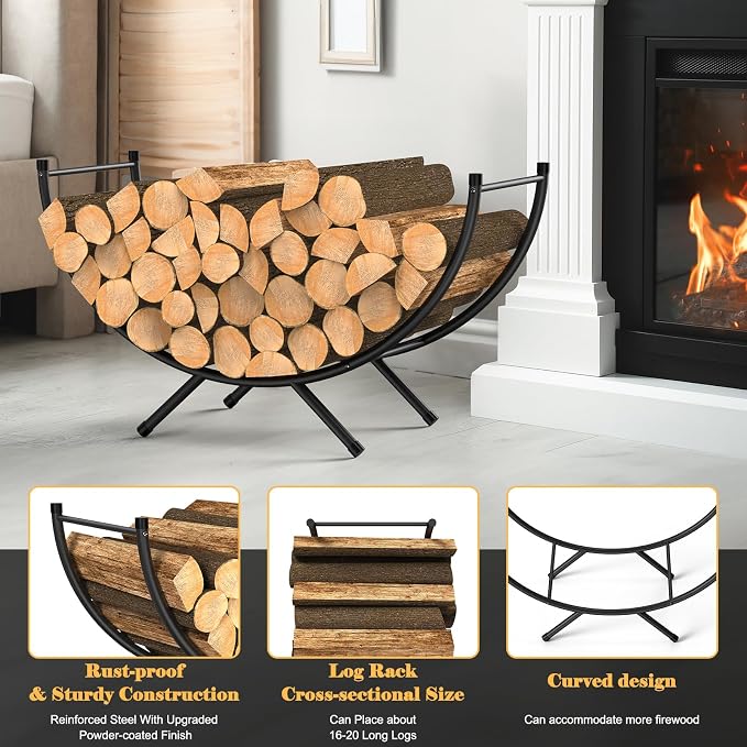 NANANARDOSO Curved Firewood Rack，24 inches Powder-coated Metal Fireplace Log Holder for Firewood Storage，Ideal for Indoor and Outdoor Fireplaces Wood Storage，Black