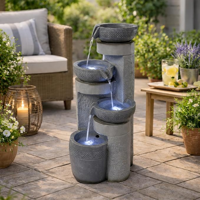 28" Outdoor Water Fountain with Led Lights, 4-Tiered Owl & Calla Lil Water Fountain, Outdoor Garden Waterfall Decor for Garden, Patio, Courtyard (32" Modern Pottery)