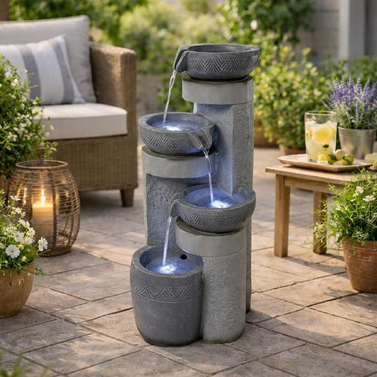 28" Outdoor Water Fountain with Led Lights, 4-Tiered Owl & Calla Lil Water Fountain, Outdoor Garden Waterfall Decor for Garden, Patio, Courtyard (32" Modern Pottery)