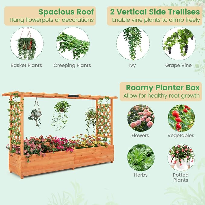 ORALNER Raised Garden Bed with Trellis, Wooden Planter Box with Climbing Frame, Outdoor Elevated Garden Box for Vegetables, Herbs, Flowers, Fruits (Large)
