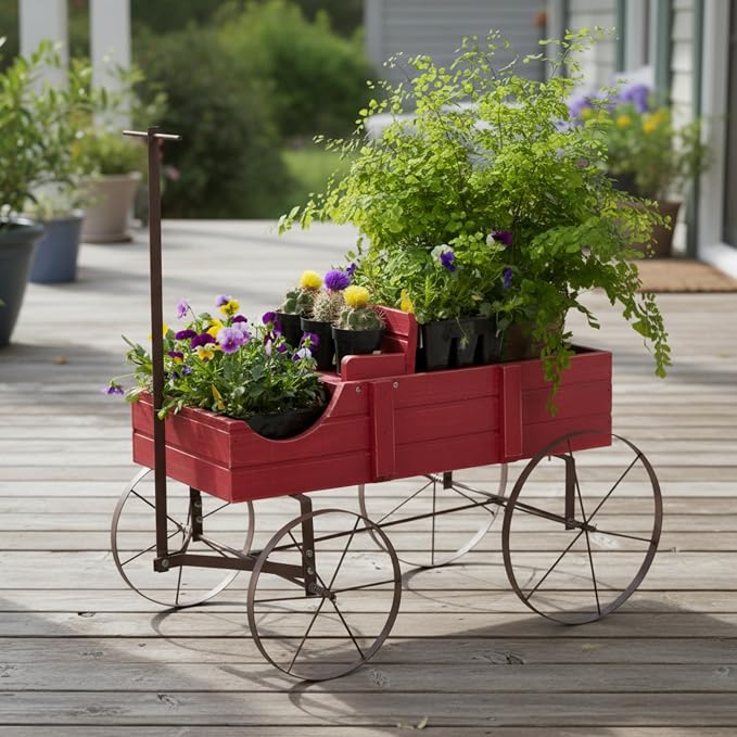 Shine Company Decorative Wagon Garden Planter, Wooden Wagon Yard Décor for Outdoor Plants, Small, Red