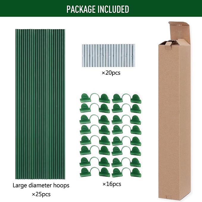 MAXPACE Greenhouse Hoops Kit, DIY 8ft Grow Tunnel, Fits Raised Garden Beds 2.8ft Wide & Up, 25 Pcs Rust-Proof Fiberglass Frame Support Rods for Row Cover, Shade Cloth, Frost Netting & Plant Stakes