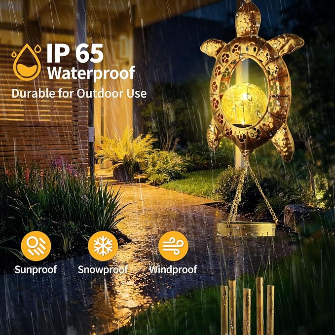 Sea Turtle Solar Lights Outdoor Decor Crackle Glass Ball Solar Turtle Wind Chimes for Outside Unique Gifts for Women Birthday Gardening Gift Housewarming Ornament for Patio Yard Garden Decor