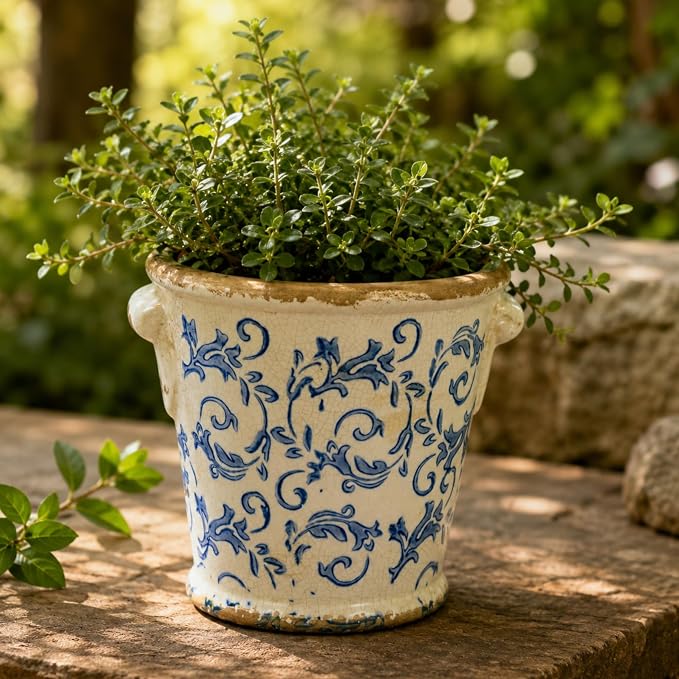Dosayes Vintage Ceramic Flower Pot with Drainage Holes and Handle,Ice Crack Country Rustic Planters for Indoor Outdoor,Tuscan Decor,Home and Garden Decor,Gardening Present