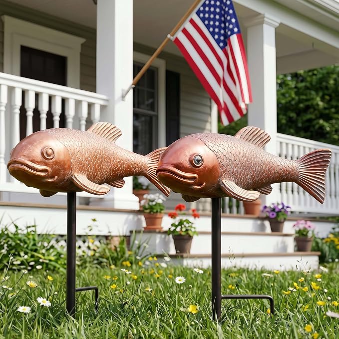Koi Fish Decor, Set of 2 Antique Koi Garden Statues Art, Pond Accessories, Yard Pond Decor, Large Outdoor Garden Statues Ornaments, Real Fish Sculpture Art (10.8")