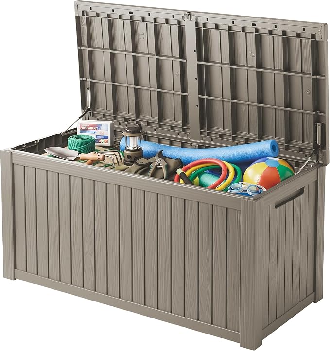 200 Gallon Outdoor Deck Box Waterproof, Large Storage Box for Patio, Resin Storage Bench Lockable for Garden Tools, Package Delivery, Grey