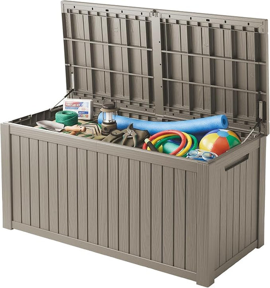 200 Gallon Outdoor Deck Box Waterproof, Large Storage Box for Patio, Resin Storage Bench Lockable for Garden Tools, Package Delivery, Grey
