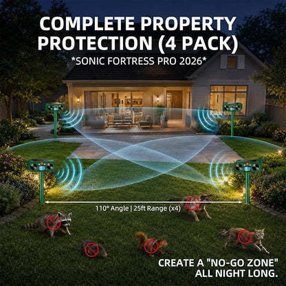 Solar Animal Repeller Outdoor, 4 Pack Ultrasonic Deterrent for Deer | Dual LED Flashing Lights, Motion Activated Deterrent, Garden,Yard&Farm Protection, 4 Pack Wider Coverage